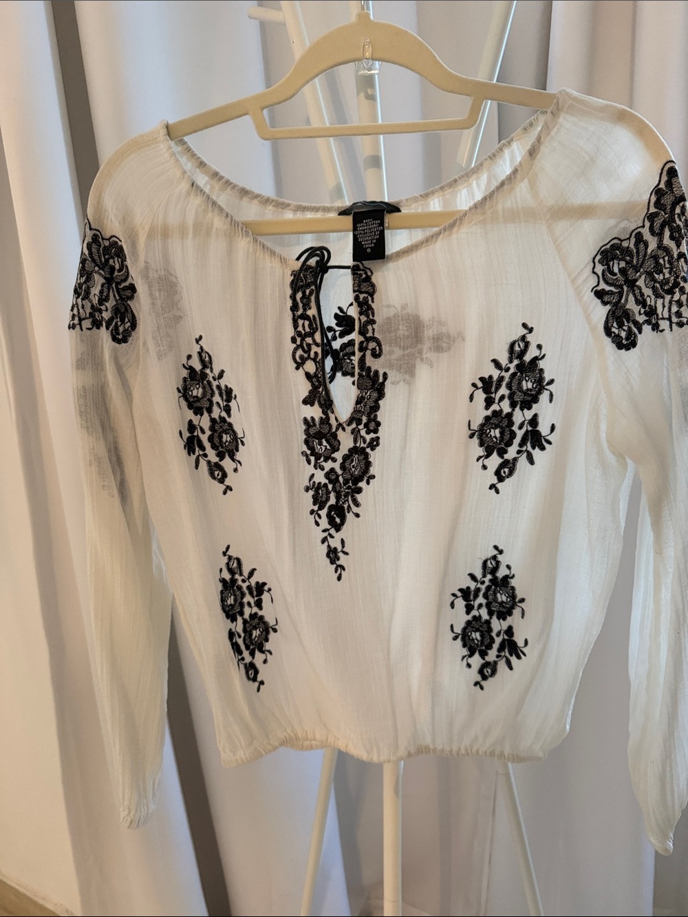 Moda International White Blouse with Black Floral Embroidery